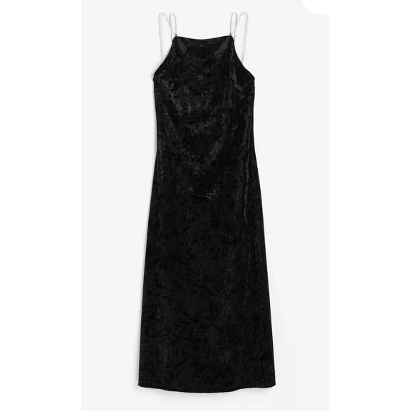 H&M Black Velour Rhinestone Strap Midi Dress Open Back Formal‎ Cocktail M - Picture 2 of 14